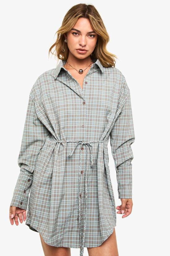 Check Cinched Waist Shirt Dress