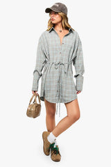 Check Cinched Waist Shirt Dress