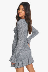 Check Shirred Long Sleeve Mini Dress