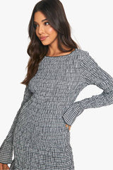 Check Shirred Long Sleeve Mini Dress