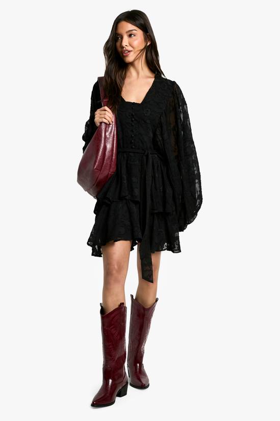 Burnout Paisley Tiered Belted Skater Dress