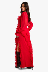 Ruffle Long Sleeve Chiffon Maxi Dress