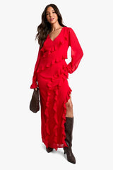 Ruffle Long Sleeve Chiffon Maxi Dress