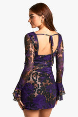 Slash Neck Mixed Leopard Print Flare Sleeve Mini Dress