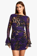 Slash Neck Mixed Leopard Print Flare Sleeve Mini Dress