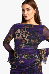 Slash Neck Mixed Leopard Print Flare Sleeve Mini Dress