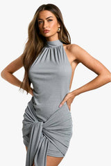 Textured Mesh Ruched Neck Tie Waist Mini Dress