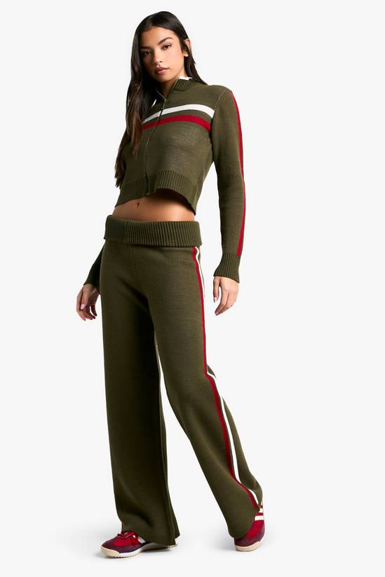 Rib Knitted High Neck Zip Through Jumper and Foldover Waistband Flared Trouser