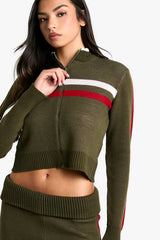 Rib Knitted High Neck Zip Through Jumper and Foldover Waistband Flared Trouser