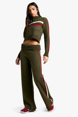 Rib Knitted High Neck Zip Through Jumper and Foldover Waistband Flared Trouser