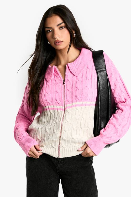 Chunky Knit Cable Detail Zip Through Collared Jumper