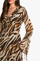 Zebra Ruffle Tie Sleeve Belted Chiffon Maxi Dress