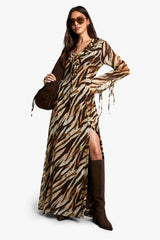 Zebra Ruffle Tie Sleeve Belted Chiffon Maxi Dress
