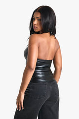 PU Halterneck Corsage Detail Top
