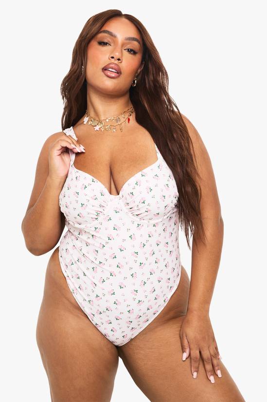 Plus Swimwear Essentials Ditsy Floral Ruched Underwire Swimsuit
