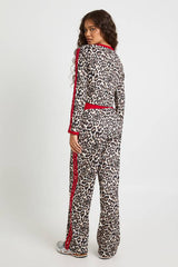 Leopard Print Piping Detail Crop Top and Trouser Set