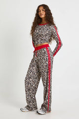 Leopard Print Piping Detail Crop Top and Trouser Set