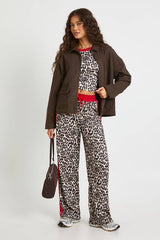 Leopard Print Piping Detail Crop Top and Trouser Set