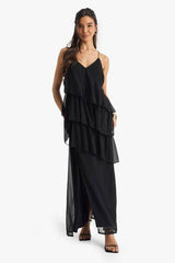 Chiffon Ruffle Cross Back Midaxi Dress