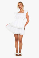 Embroidered Ruffle Cotton  Layered Dress