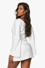 Satin Draped Flared Sleeve Mini Dress