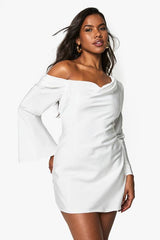 Satin Draped Flared Sleeve Mini Dress