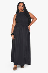 Plus Shirred Racer Neck Drop Hem Smock Dress
