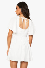 Petite Linen Mix Corset Angel Sleeve Skater Dress