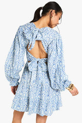 Printed Linen Look Plunge Long Sleeve Mini Dress