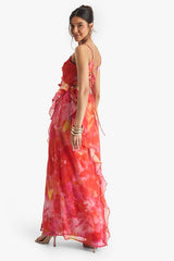 Floral Crinkle Chiffon Ruffle Maxi Dress