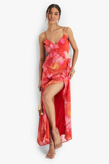 Floral Crinkle Chiffon Ruffle Maxi Dress