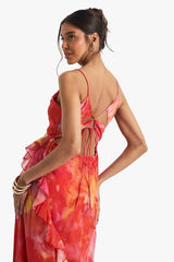 Floral Crinkle Chiffon Ruffle Maxi Dress