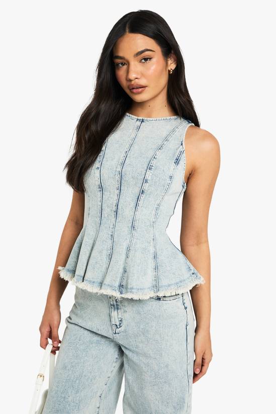 Denim Seam Detail Peplum Hem Top