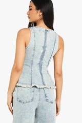 Denim Seam Detail Peplum Hem Top