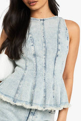 Denim Seam Detail Peplum Hem Top
