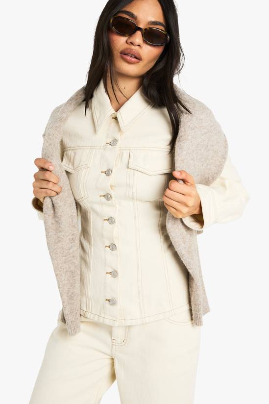Ecru Denim Cinched Waist Denim Jacket