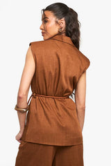 Tailored Linen Look Longline Belted Waistcoat