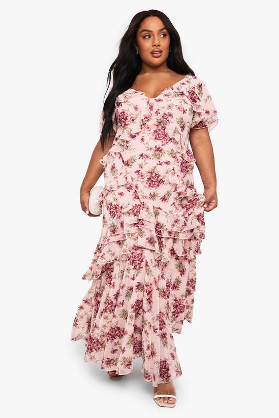 Plus Dobby Chiffon Floral Frill Detail Maxi Dress