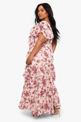 Plus Dobby Chiffon Floral Frill Detail Maxi Dress