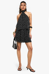 Polka Dot Chiffon Scarf Detail Mini Dress