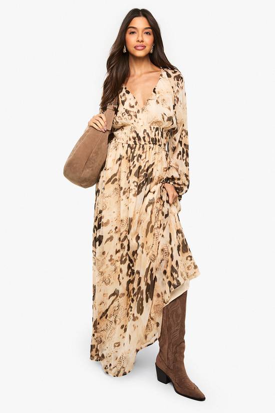 Animal Printed Chiffon Volume Sleeve Ruched Waist Maxi Dress