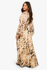 Animal Printed Chiffon Volume Sleeve Ruched Waist Maxi Dress