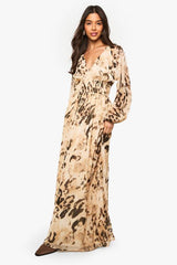 Animal Printed Chiffon Volume Sleeve Ruched Waist Maxi Dress