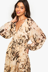 Animal Printed Chiffon Volume Sleeve Ruched Waist Maxi Dress