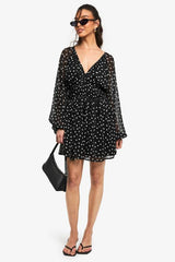 Paisley Polka Dot Chiffon Volume Sleeve Ruched Waist Mini Dress