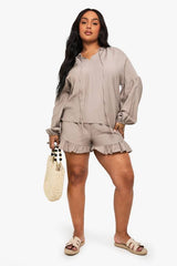 Plus Linen Look Frill Hem Short