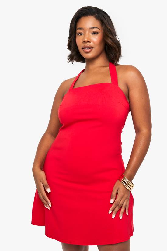 Plus Bengaline Ruched Square Neck Mini Dress