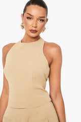 Woven Halterneck High Neck Top