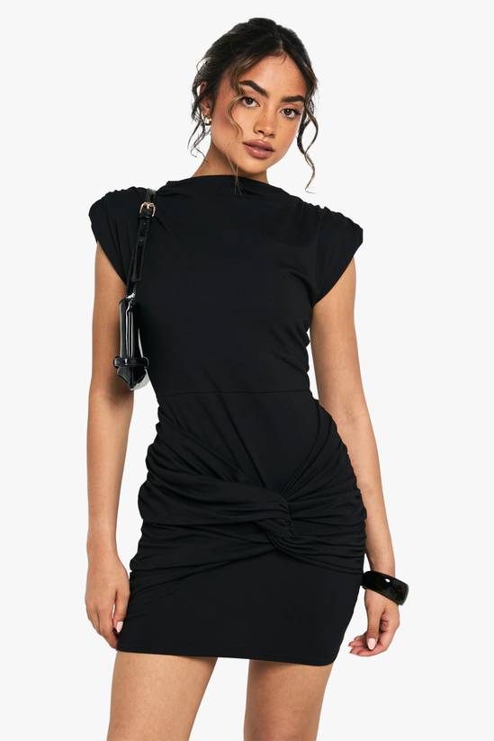 Cotton Shoulder Pad Ruched T-Shirt Mini Dress