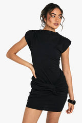 Cotton Shoulder Pad Ruched T-Shirt Mini Dress